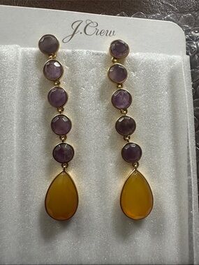 J. Crew Purple Crystal and Amber Teardrop Long Drop Earrings
